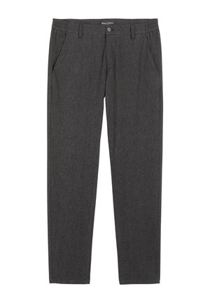 Dark gray, lightweight trousers with a smooth texture, featuring two side pockets, a button closure, and a straight-leg design.