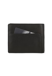 Portefeuille pliable en cuir noir avec une poche avant visible contenant une carte gris foncé partiellement insérée.