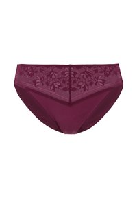 Ropa interior femenina burdeos con un panel de encaje floral en la cintura, tela suave en los lados y un diseño de cobertura total.
