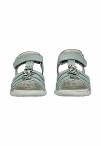 Sandali in pelle azzurro chiaro con ampie fascette, chiusure regolabili in velcro e decorazioni floreali sul davanti. Suole in gomma bianche.