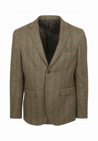 Haringbone-patroon blazer in groen met rode accenten, sluiting met één knop, gepaspedeerde revers, twee voorzakken en een donkere voering.
