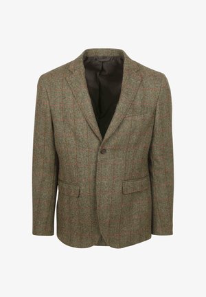 Haringbone-patroon blazer in groen met rode accenten, sluiting met één knop, gepaspedeerde revers, twee voorzakken en een donkere voering.