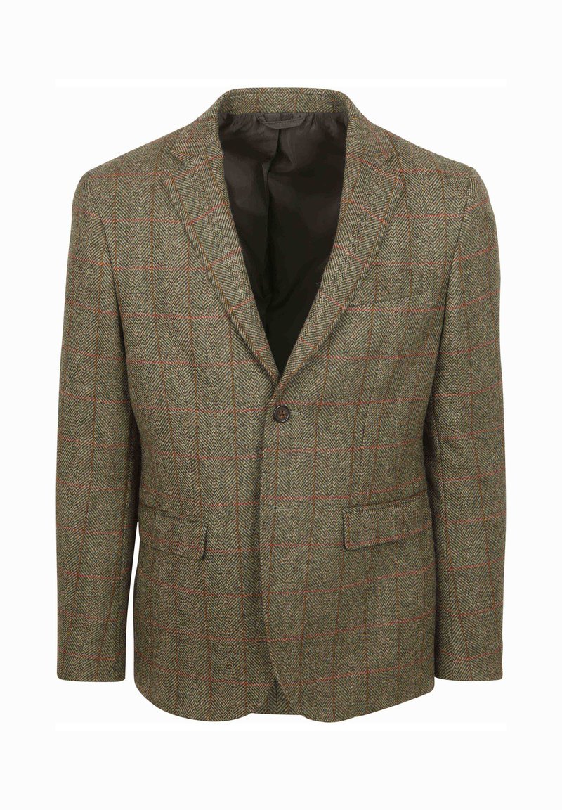 Haringbone-patroon blazer in groen met rode accenten, sluiting met één knop, gepaspedeerde revers, twee voorzakken en een donkere voering.