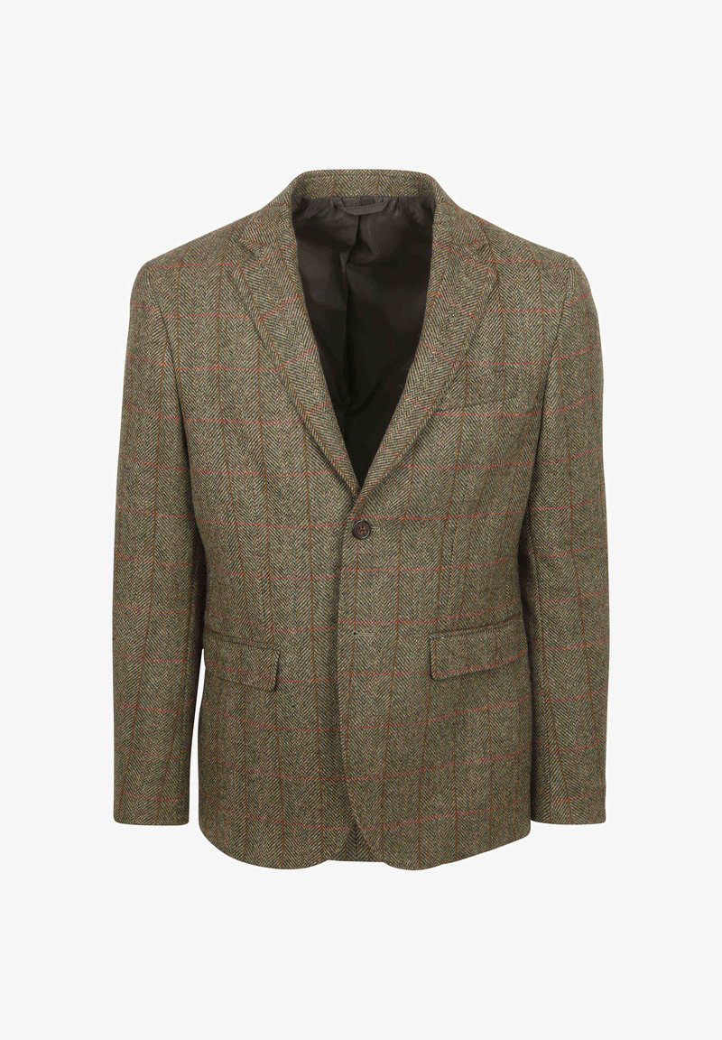 Haringbone-patroon blazer in groen met rode accenten, sluiting met één knop, gepaspedeerde revers, twee voorzakken en een donkere voering.