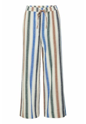 Svītroti plaši bikses ar auklas jostu. Iezīmēti ar pārmaiņus svītrām zilos, zaļos, brūnos un krēmkrāsas toņos. Rakstaina auduma.