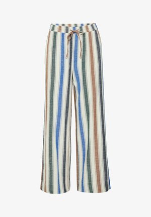 Gestreifte weit geschnittene Hose mit einem Kordelzugbund. Hat abwechselnd Streifen in Blau, Grün, Braun und Creme. Strukturierter Stoff.