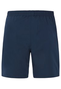 Short de bain bleu marine à taille élastique, design simple, longueur mi-cuisse, sans logos ni motifs visibles.