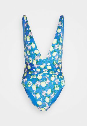 One-piece swimsuit with a deep V-neckline, blue base color, floral lemon pattern, and ruching at the waist. Smooth, stretchy fabric.