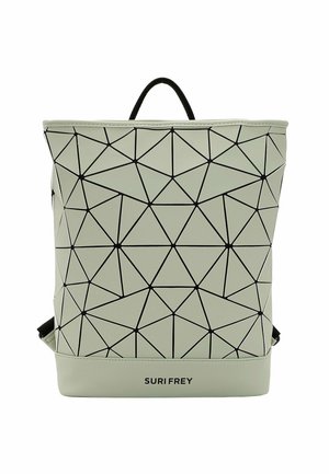 Grüner Rucksack mit geometrischem Muster aus einem glatten Material. Verfügt über schwarze Linien und Akzente, mit einem oberen Handgriff und verstellbaren Trägern.