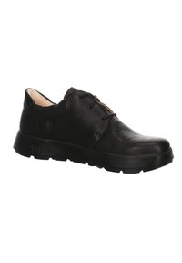 Chaussure en cuir noir avec une texture lisse, bout rond et lacets fins. Présente une semelle en caoutchouc flexible et des accents de couture minimalistes.
