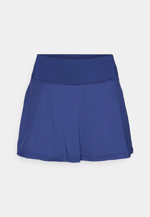 Blue athletic skort made from breathable fabric, featuring a smooth waistband, layered design, and a slight A-line shape. Textured surface detail.