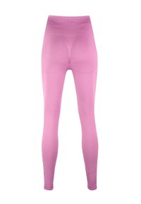 Leggings taille haute rose fabriqués en tissu extensible, présentant une texture lisse et un design ajusté. Aucun motif ni matériel visible.