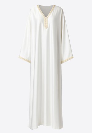 Weißer Kaftan aus glattem Stoff mit V-Ausschnitt und goldfarbenem Besatz sowie dekorativen Akzenten entlang der Ärmel. Locker geschnitten.