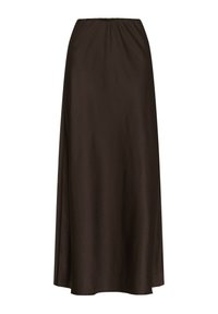 Bruine satijnen maxi-skirt met een elastische tailleband. Heeft een vloeiende, rechte vorm en een zachte textuur. Geen zichtbare versieringen.