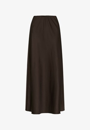Brown, satin maxi skirt with an elastic waistband. Features a fluid, straight shape and smooth texture. No visible embellishments.