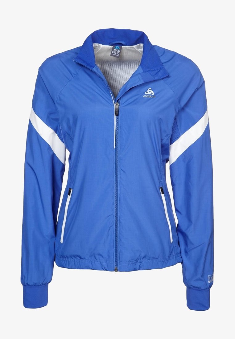 Blue lightweight jacket with a full zip, white diagonal stripes across sleeves, elastic cuffs, and two side pockets with zippers.