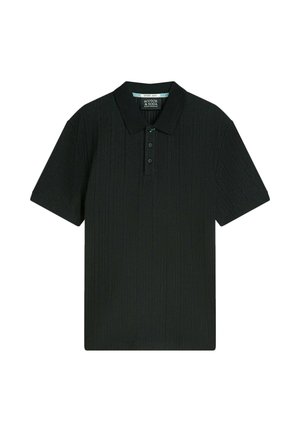 Sort kortærmet poloshirt med ribbet tekstur, treknaps lukning og krave, mærket Scotch & Soda Amsterdam.