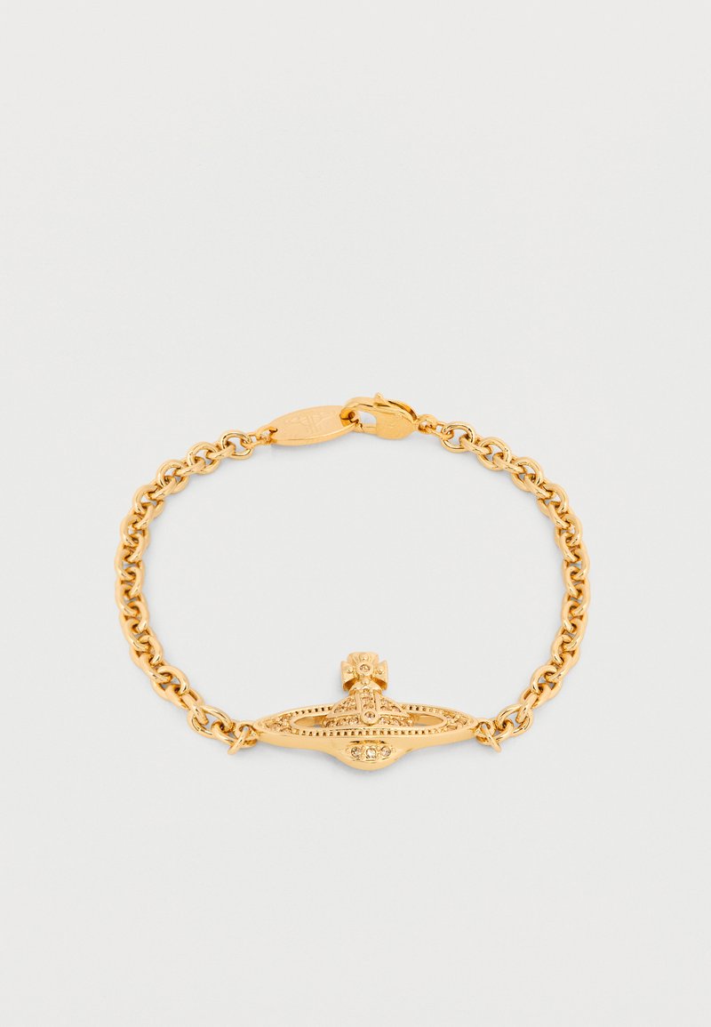 Arany lánc karkötő részletes gömb és kereszt medállal a közepén, rák kapoccsal záródik.