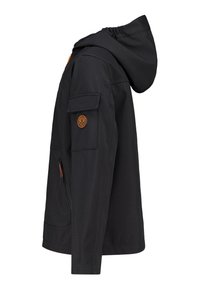 Black softshell jacket with a hood, featuring an orange logo, zippered side pocket, and a flap pocket on the upper sleeve.