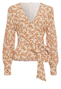 Langärmliges Wickeltop aus cremfarbenem Stoff mit einem orangen Blättermuster, V-Ausschnitt und Bindepad am Taillenbereich. Strukturierte Ärmel mit Manschetten.