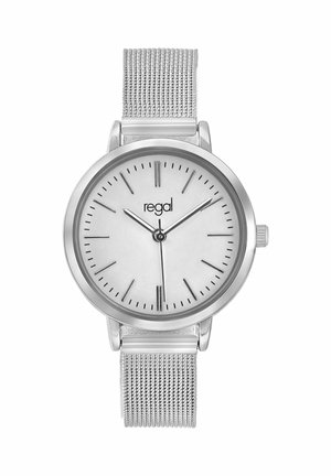 Montre analogique argentée avec bracelet en maille, cadran blanc, index horaires minimalistes et logo "regal" au centre, indiquant l'heure 10:10:30.