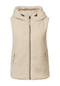 Beige Fleece-Weste mit Kapuze, ausgestattet mit einem Frontreißverschluss und zwei seitlichen Taschen, weicher Textur und einem leicht übergroßen Schnitt.