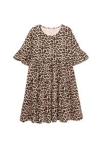 Leopardenmuster-Kleid mit einem weit ausgestellten Ärmel-Design, gestuften Stoff, Rundhalsausschnitt und einem beigen Hintergrund mit schwarzen und braunen Flecken.