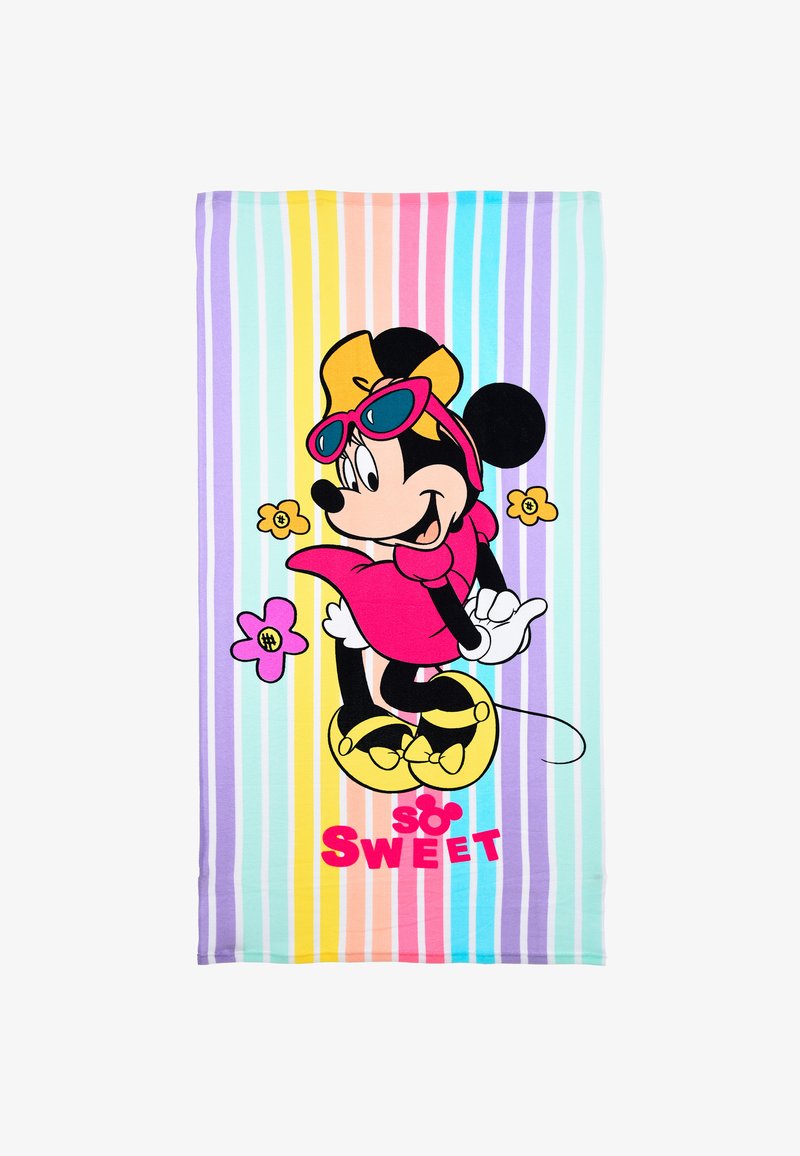 Minnie Mouse-graphic op een zachte, kleurrijke katoenen handdoek met verticale strepen in pastelkleuren, met de tekst "so SWEET" en bloemaccenten.