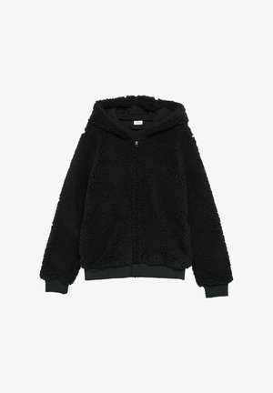 Zwarte fleece jack met ritssluiting en een gestructureerde, fluffy buitenkant. Voorzien van een capuchon en elastische manchetten, ontworpen voor warmte en comfort.