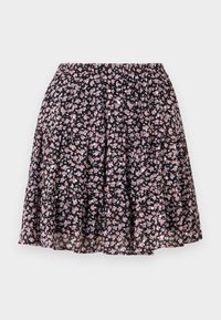 Květinová sukně s černým pozadím, na které jsou malé růžové květiny. Elastický pas, vícevrstvý design a lehká látka.