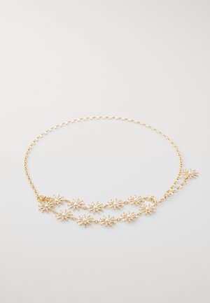 Gold necklace featuring a chain design with multiple star-shaped accents, each adorned with a central gem, creating a textured appearance.
