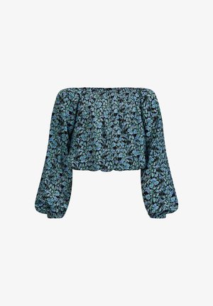 Off-shoulder crop top in donkere stof met een bloemenpatroon. Heeft lange, gepofte mouwen en geplooide details bij de halslijn.