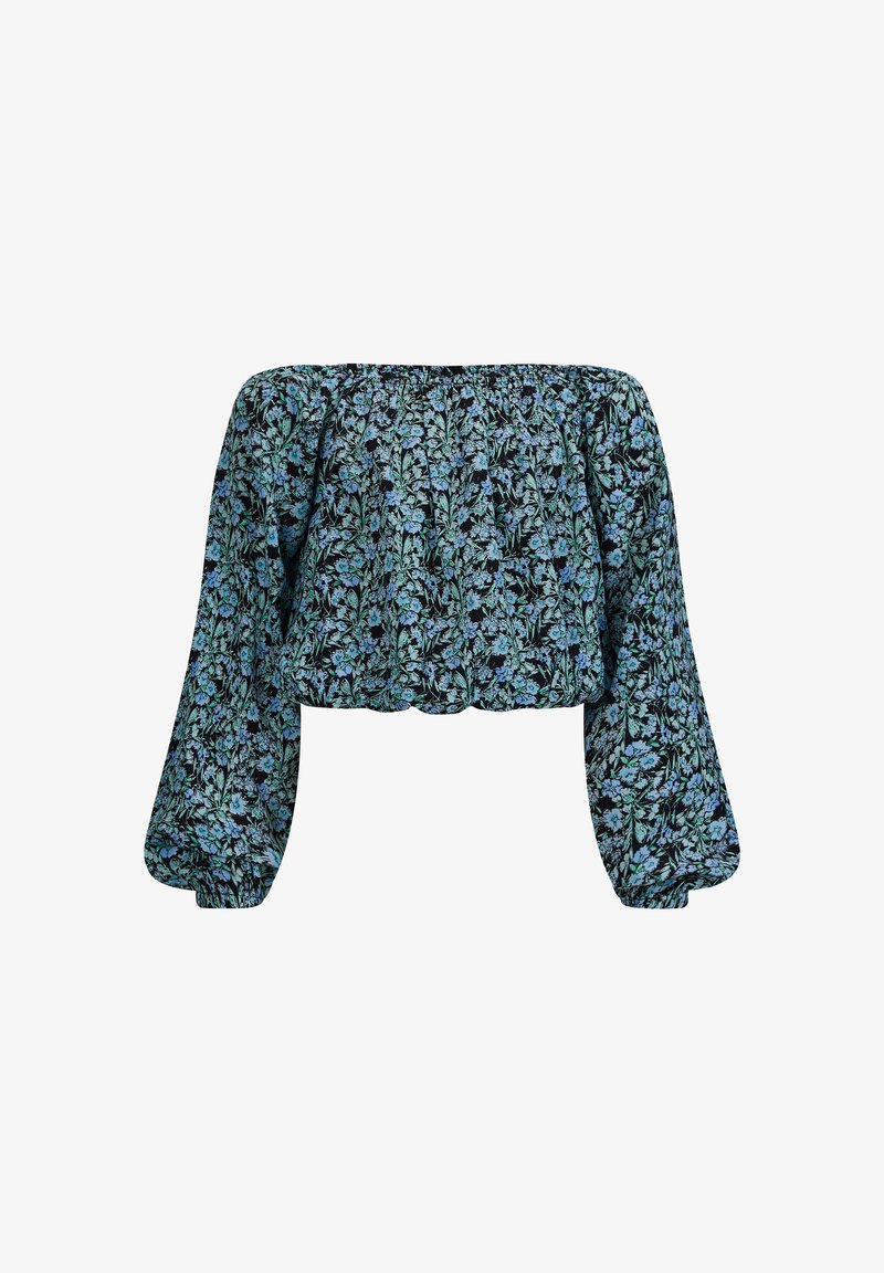 Top corto con spalle scoperte in tessuto scuro con un motivo floreale. Presenta maniche lunghe a sbuffo e dettagli arricciati sul collo.