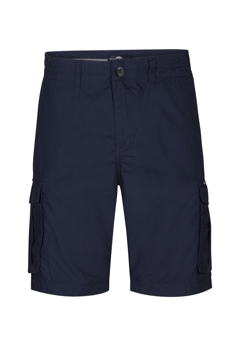 Navy blue cargo shorts made of lightweight fabric, featuring side pockets, a button closure, and a relaxed fit.