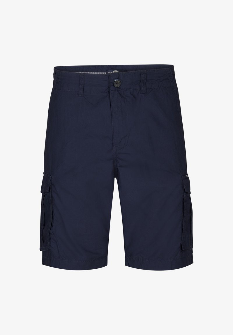 Námořnické modré cargo šortky vyrobené z lehkého materiálu, se postranními kapsami, zapínáním na knoflík a uvolněným střihem.
