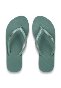 Πράσινα γυαλιστερά λαστιχένια σαγιονάρες με υφή στη σόλα και λουράκια, με μικρό χρυσό λογότυπο.