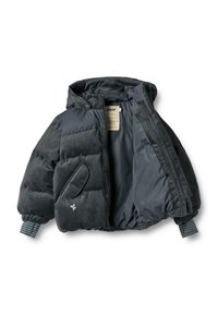 Grijze pufferjack met corduroy accenten, rits aan de voorkant en capuchon. Voorzien van geribde manchetten en een zak op de linker borst. Binnenkant is effen grijs.