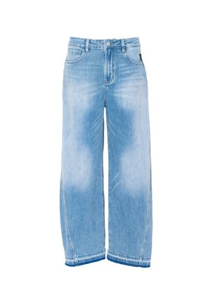 Lichtblauwe hoge taille denim jeans met brede pijpen, knoopsluiting en voorzakken, weergegeven op een witte achtergrond.