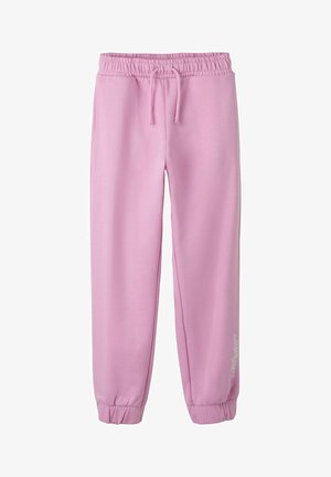 Svijetloružičaste trenirka hlače s elastičnim pojasom, vezicama, bočnim džepovima, manžetama na gležnjevima i malim bijelim logotipom teksta blizu lijeve manžete.