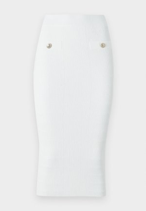 White ribbed pencil skirt featuring a fitted silhouette, textured fabric, elastic waistband, and two decorative gold-tone buttons.