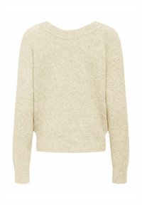 Pull en laine beige à manches longues avec poignets, ourlet et encolure côtelés, présenté de dos sur fond blanc.