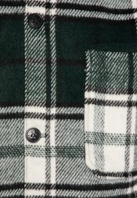 Grün-weißer karierter Flanellhemd mit schwarzen Knöpfen. Verfügt über eine Brusttasche. Das Material wirkt weich und strukturiert.