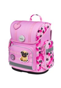 Zaino rosa con un patch a forma di cuore, design di cane e impronte di zampa, multiple tasche e dettagli grigi. Realizzato in materiale sintetico resistente.