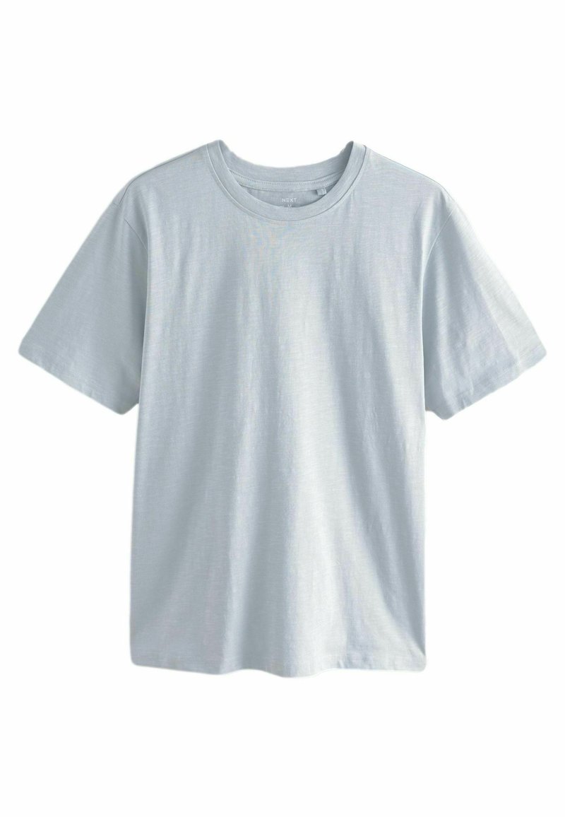 Lyseblå t-shirt med korte ærmer lavet af blødt stof, med rund halsudskæring og en afslappet pasform uden synlige mønstre eller accenter.