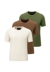Tres camisetas de punto de manga corta en color crema, marrón y verde, con un tejido texturizado, escote redondo y puños acanalados.