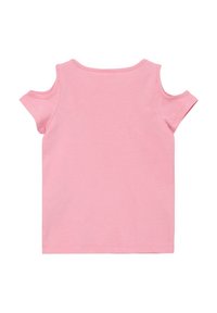 Rosa Cold-Shoulder T-Shirt aus weicher Baumwolle, mit kurzen Ärmeln und geradem Saum. Einfach, einfarbig ohne Muster oder Akzente.