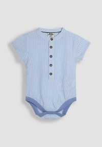 Ribad sinine ja valge lühikeste varrukatega bodysuit, millel on nööpidega plaan, sinine ääris varrukatel ja allääres, vooderdatud kaelus ja pehme tekstuur.