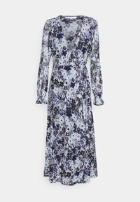 Kwiatowa sukienka w jasnoniebieskim kolorze, z ciemnoniebieskimi i czarnymi wzorami. Długie bufiaste rękawy oraz związany w pasie detal, z płynącą sylwetką.