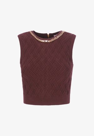 Top corto a maglia color bordeaux con un motivo tessuto a rilievo, scollatura rotonda e un dettaglio in catena dorata sul colletto. Chiusura con zipper sul retro.