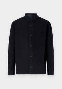 Schwarzes Button-up-Hemd aus Baumwolle. Verfügt über eine Brusttasche, lange Ärmel und dunkle Knöpfe. Glatte Textur mit klassischem Kragendesign.